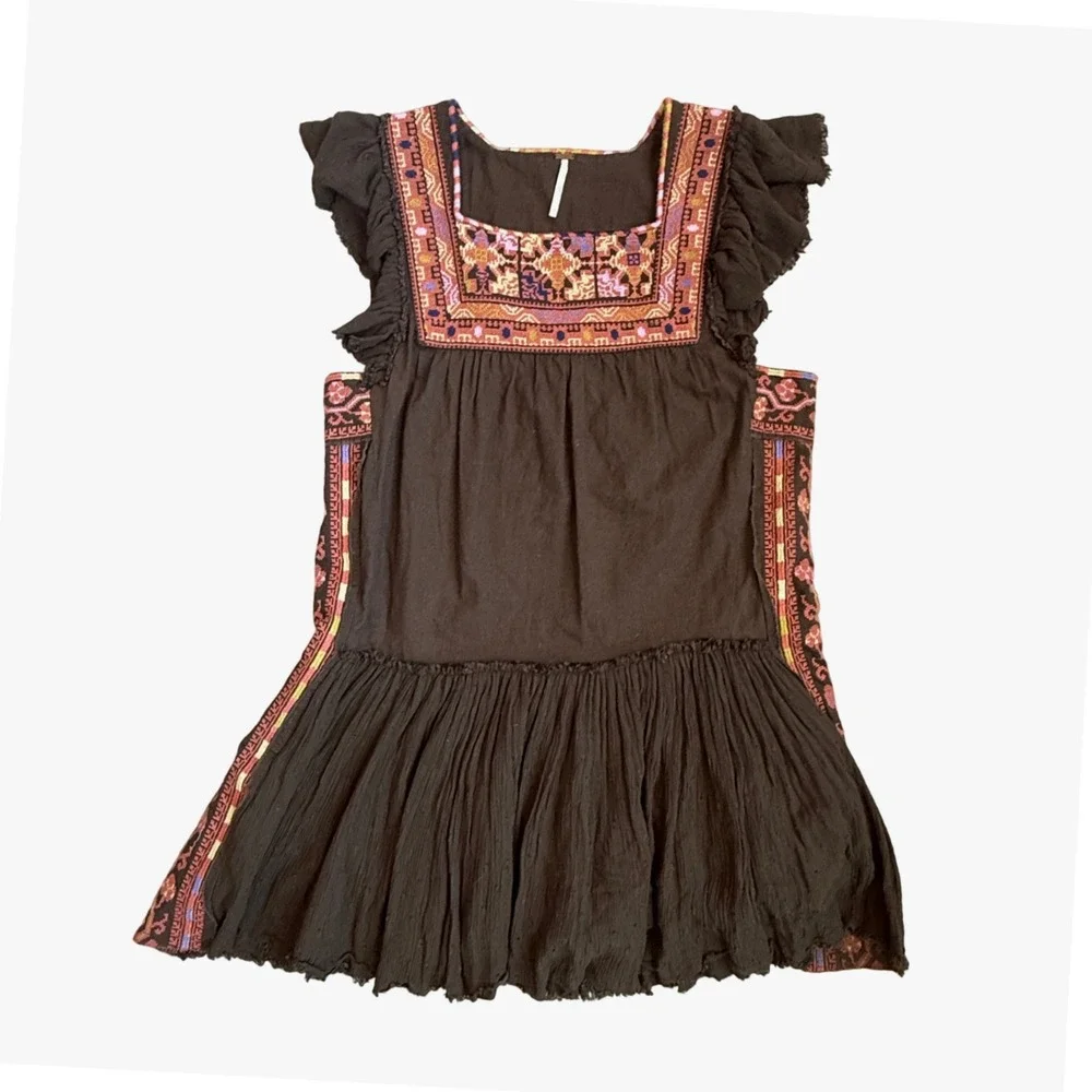 Free People Size‎ Small Embroidered Boho Mini Dress Brown Ruffle Sleeve Festival